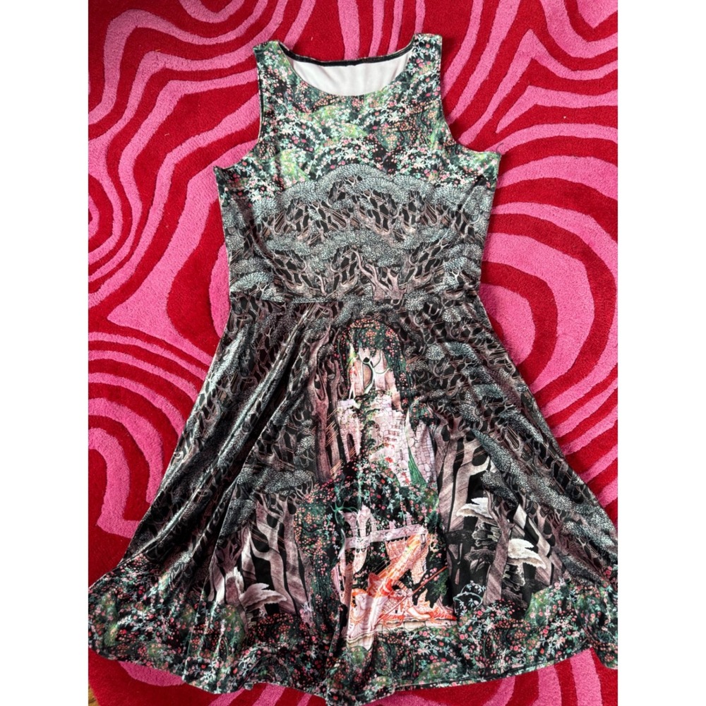 BlackMilk Sleeping Beauty Skater Dress Sleeveless XL Green Pink Medieval Print